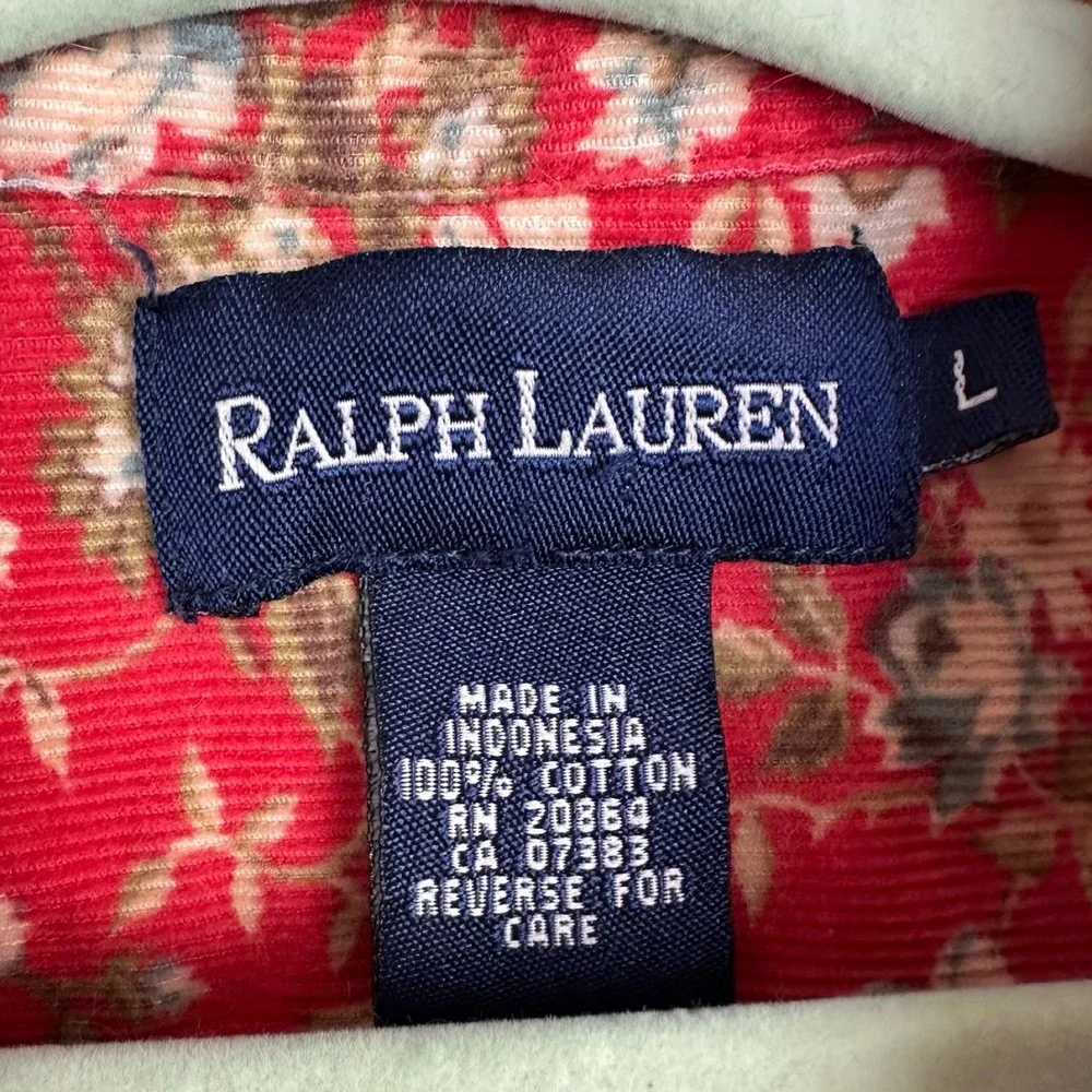 Ralph Lauren Floral Corduroy Button Down Shirt Girls L Red Cotton Long Sleeve